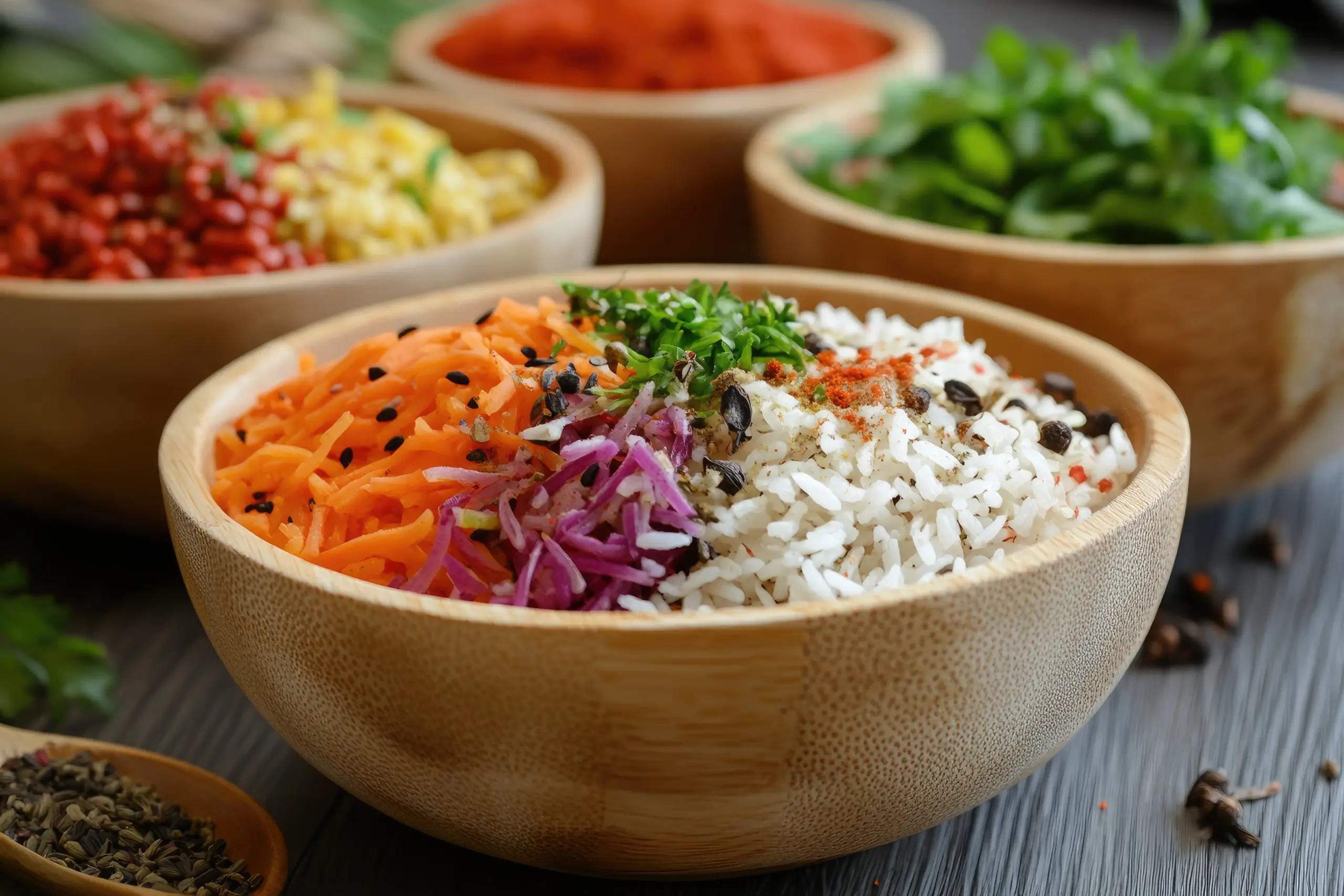 closeup-wooden-bowl-filled-with-rice-carrots-red-cabbage-spices